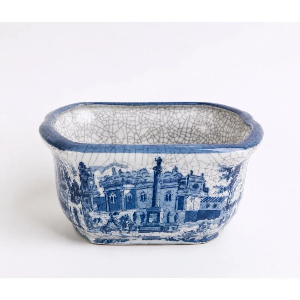 Vintage Blue & White Crackle Glaze Cachepot Planter Bowl
